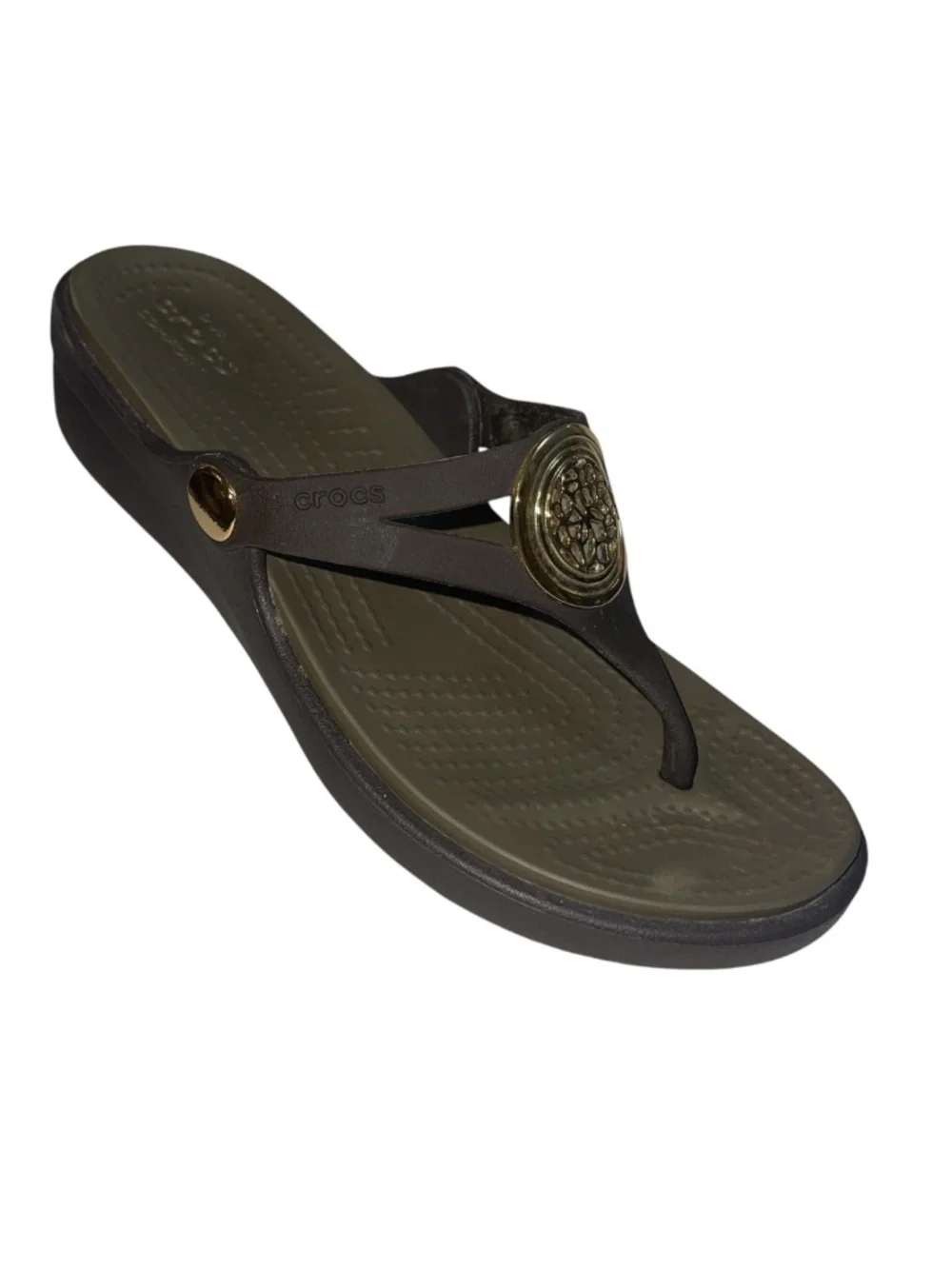 CROCS Sanrah Women Sz 5 Brown Gold Hammered Circle Rings Wedge Sandals Shoes